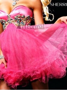 Sherri Hill Hot Pink Beaded Strapless Tulle Dress